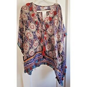 NWT BINDYA New‎ York poncho style tassels Beachwear lace up tunic O/S 100% silk